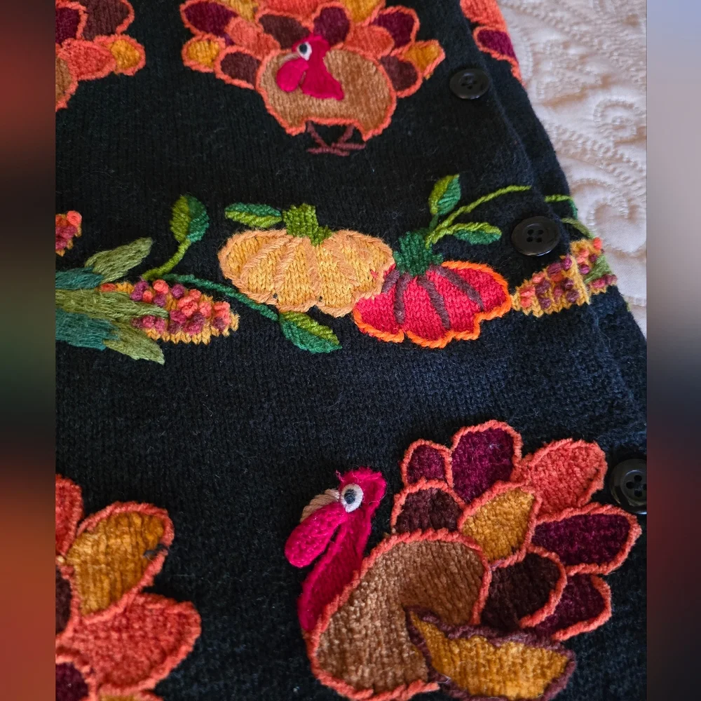 Holiday Black Turkey and Pumpkins Cardigan Sweater - Picture 3 of 10